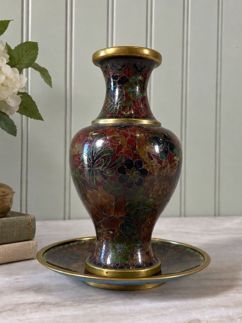 Vintage Floral Cloisonne Vase with Matching Dish